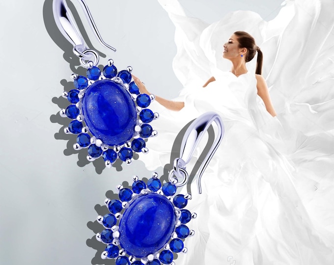 Lapis Lazuli Earrings Oval Gemstone Silver Fine Jewelry Halo Cubic Zirconia