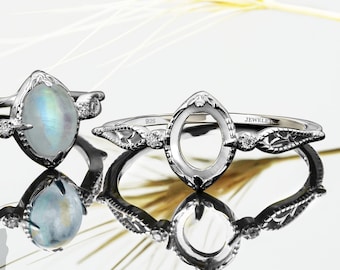 Silver 6x8 mm Ring Blank Bezel Setting Cabochon Gemstone Two Cubic Zirconia on the Side Ring Base, Rhodium Plated Silver Semi Mount Rings,