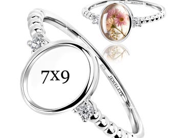 Bezel Cup Sterling Silver 7×9 mm Ring Blank – 2 CZ Side Stones | Beaded Shank | Rhodium Plated Cabochon Mount for Women