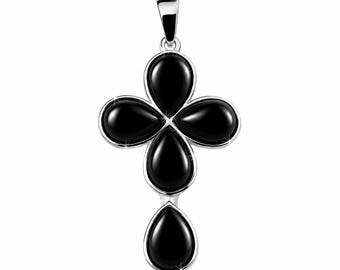 Black Onyx Cross Pendant, 925 Sterling Silver with Five Pear Cabochons, Black Gemstone Statement Jewelry