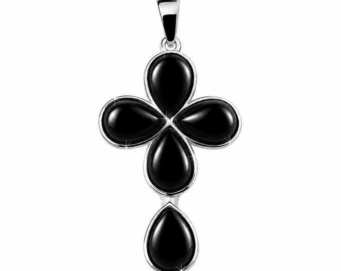 Black Onyx Cross Pendant, 925 Sterling Silver with Five Pear Cabochons, Black Gemstone Statement Jewelry