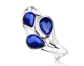 Lapis Lazuli Sterling Silver Statement Ring – Nature Inspired Design 3 Natural Pear Shaped Lapis Lazuli–Rhodium Plated Jewelry for Women