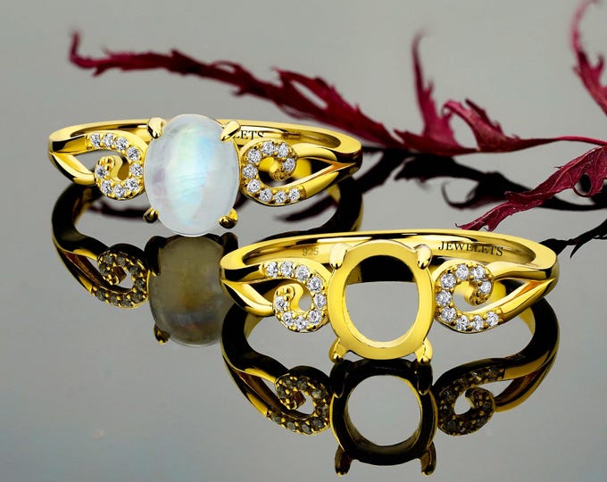 Silver Ring Blanks 7x9 mm 18 Cubic Zirconia Side Stones Gold Plated