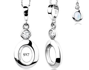 Sterling Silver 9x7 mm Pendant Blank with CZ | Bezel Setting DIY Jewelry Base for Cabochon, Resin & Gemstones | Rhodium Plated