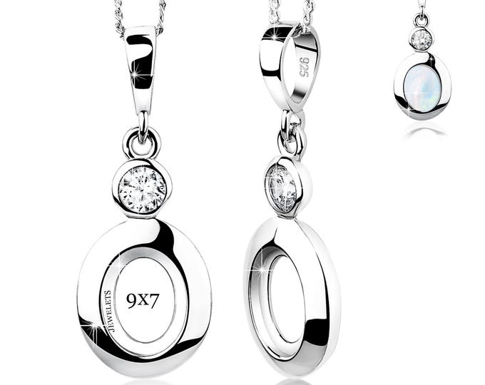 Sterling Silver 9x7 mm Pendant Blank with CZ | Bezel Setting DIY Jewelry Base for Cabochon, Resin & Gemstones | Rhodium Plated