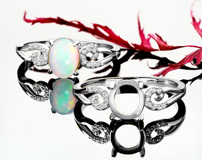 Silver Ring Blank 7x9 mm with 18 Cubic Zirconia Side Stones, Rhodium Plated Classic Ring Setting, Semi Mount DIY Jewelry Base