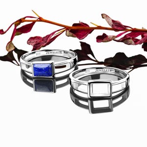 Op de afbeelding: Twee zilveren ringen met rechthoekige zettingen. Eén ring heeft een diepblauwe edelsteen, de andere is leeg. De ringen zijn gemarkeerd met "925 JEWELETS". Donkerrode bladeren vormen de achtergrond.