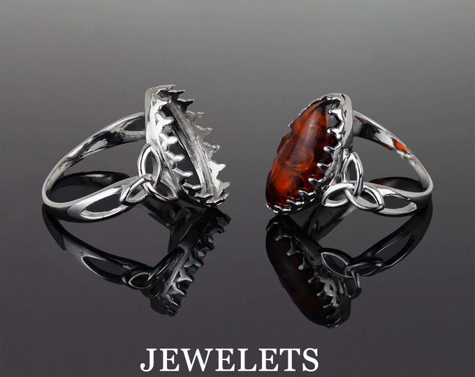 Sterling Silver Ring Blank – 8x16mm Marquise Bezel Setting, Celtic Knot Design, Rhodium Plated, DIY Cabochon Ring Base