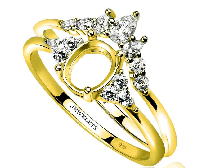 Gold Plated Silver 6x8 Engagement Ring Blank Set with Band, CZ Side Stones, Bridal Ring Base, Semi Mount Oval Ring Setting