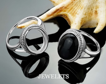 Silver Ring Blank, 12X16 mm, Rhodium Plated, Bezel Setting Ring Base, Aesthetic Ring Mounting,