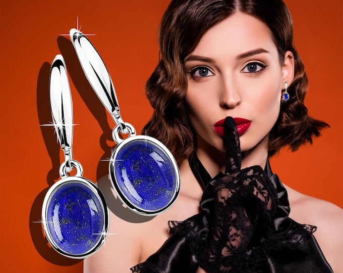 Lapis Lazuli Silver Earrings – 8×10 mm Oval Gemstone | 925 Sterling Silver Rhodium Plated | Classic Cabochon Earrings for Women