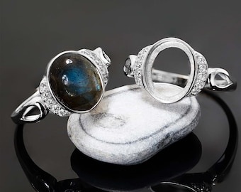 925 Sterling Silver Ring Blank – 10x12mm Oval Bezel with Halo Cubic Zirconia | Rhodium Plated DIY Fine Jewelry Setting