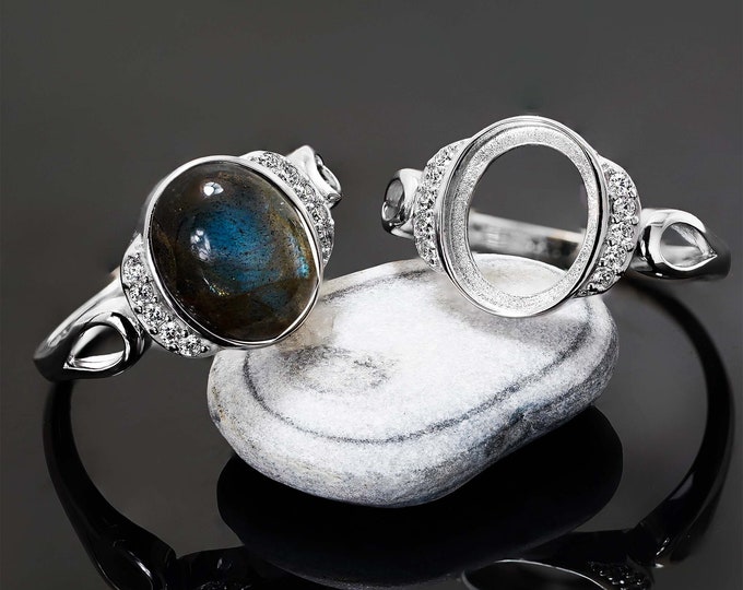 925 Silver Ring Blank 10x12 mm Halo Cubic Zirconia Rhodium Plated Bezel Setting DIY Fine Jewelry