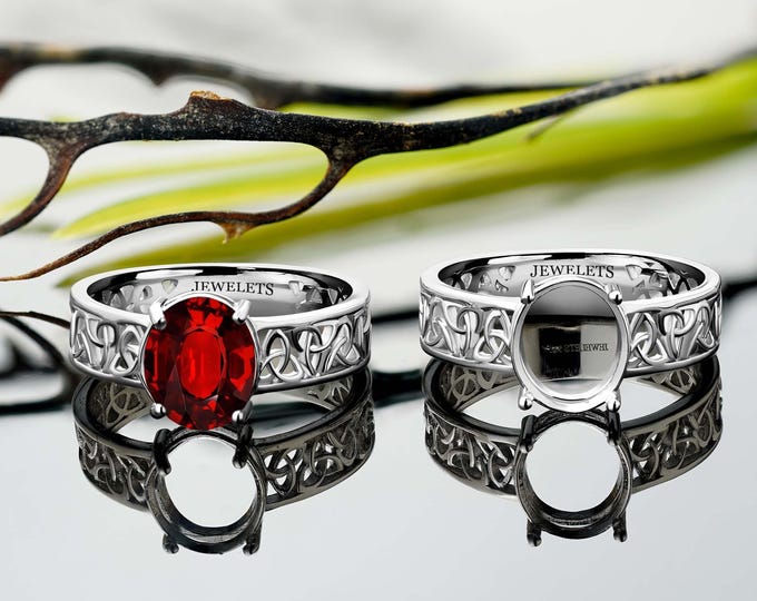 925 Silver 8x10mm Celtic Ring Blank, Oval Prong Setting, Rhodium Plated, DIY Ring Base for Faceted or Cabochon Gemstones