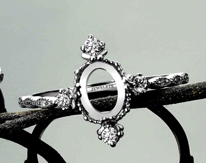 925 Sterling Silver Ring Blank for DIY Jewelry, 5x7mm Oval Prong Setting, CZ Halo & Side Stones, Rhodium Plated Semi Mount, Vintage Style