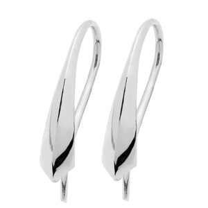 May include: A pair of polished silver earrings. Each earring features a curved hook design with a teardrop-shaped pendant. The earrings are displayed against a white background, highlighting their reflective surface and minimalist style.