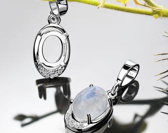 Silver Pendant Blank 7x9 mm Prong Setting Cabochon 7 Cubic Zirconia DIY Jewelry Rhodium Plated