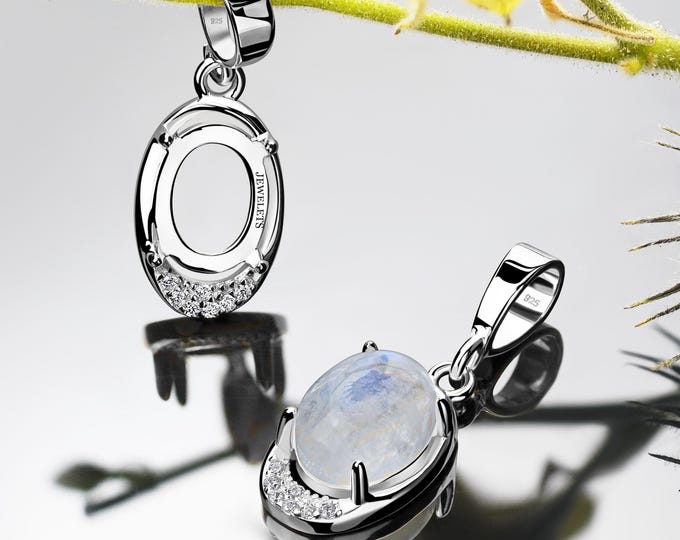 Silver Pendant Blank 7x9 mm Prong Setting Cabochon 7 Cubic Zirconia DIY Jewelry Rhodium Plated
