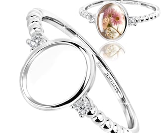 Bezel Cup Sterling Silver 7×9 mm Ring Blank – 2 CZ Side Stones | Beaded Shank | Rhodium Plated Cabochon Mount for Women