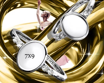 Bezel Cup Sterling Silver 7x9 mm Ring Blank – 4 CZ Side Stones | Rhodium Plated Keepsake Ring for Women