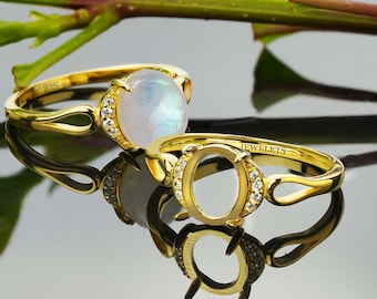 Silver Ring Blank 8x10 mm Oval Cabochon Halo 925 Fine Jewelry Mountings Gold Plated