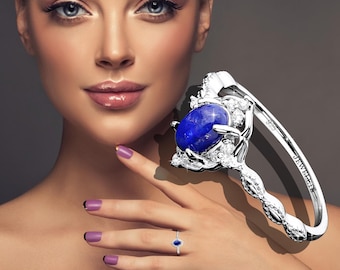 Lapis Lazuli 925 Sterling Silver Ring 5x7 mm – CZ Halo, Rhodium Plated, Subtle and Sophisticated Design for Women