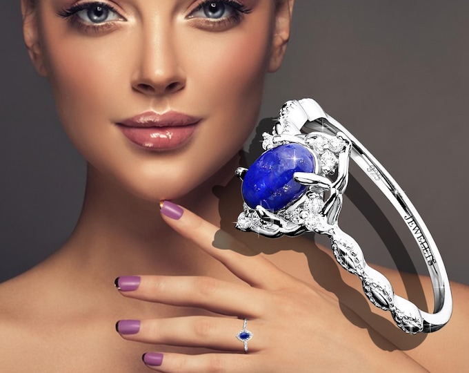Lapis Lazuli 925 Sterling Silver Ring 5x7 mm – CZ Halo, Rhodium Plated, Subtle and Sophisticated Design for Women