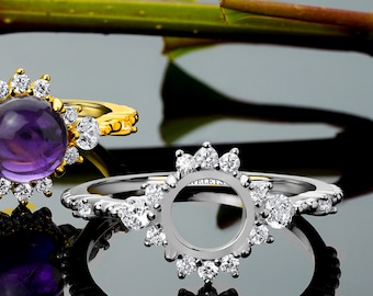 925 Silver Ring Blank – 8 mm Halo Setting with 10 CZ, Rhodium Plated – Fine Jewelry for Custom Engagement or Statement Rings