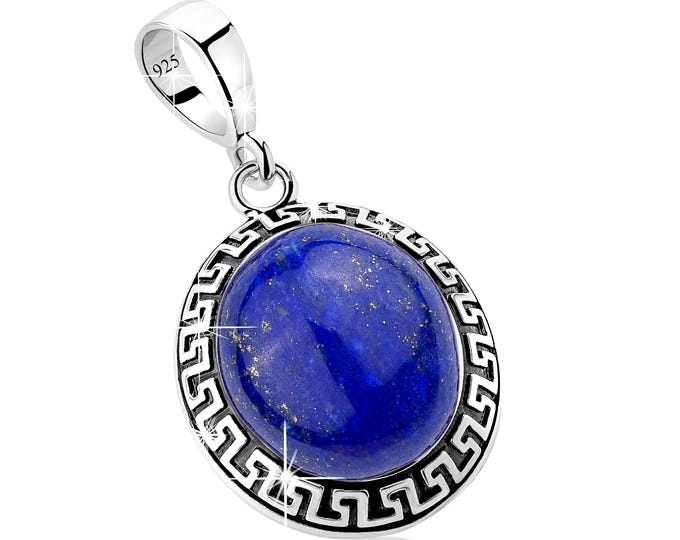 Natural Lapis Lazuli Pendant – Rhodium Plated 925 Sterling Silver with Greek Key Design – Blue Gemstone Women's Jewelry – Chain Not Included