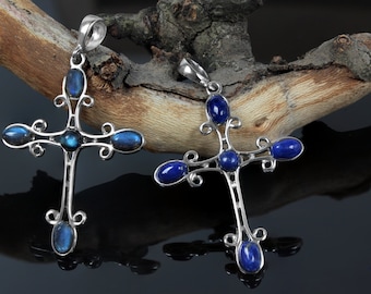 925 Silver Cross Pendant with multigemstones; Labradorite and  Lapis Lazuli , stones size : oval 3x5 mm