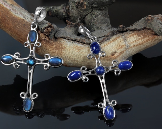 925 Silver Cross Pendant with multigemstones; Labradorite and  Lapis Lazuli , stones size : oval 3x5 mm