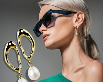 Freshwater Pearl Hoop Earrings for Women – Gold-Plated 925 Sterling Silver – 18 mm Creole Hoop  – Classic Elegant Jewelry Gift