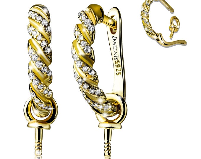 Gold Plated 925 Sterling Silver Hoop Earrings with Removable Pearl Pin Cup – CZ Creole Hoop Earrings for Pearls, Beads – Convertible