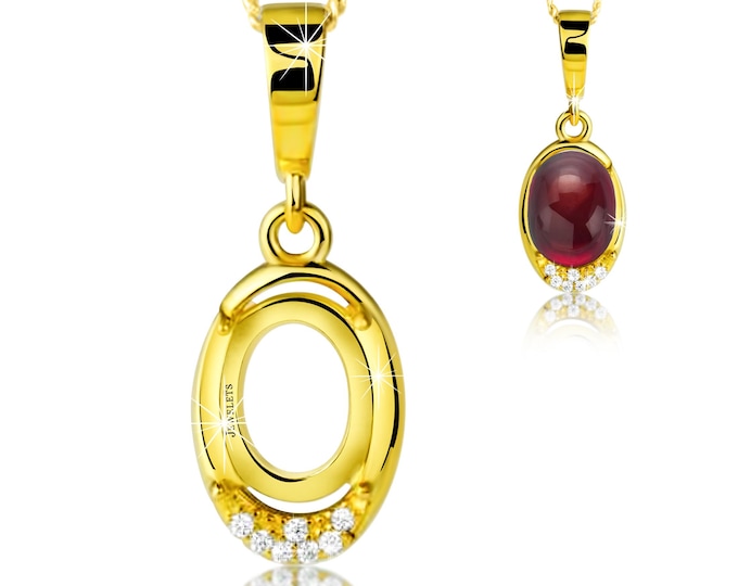 925 Sterling Silver 7x9 mm Pendant Blank – Gold Plated Oval Prong Setting with 7 CZ Stones – Semi-Mount for Cabochon Gemstones DIY Jewelry