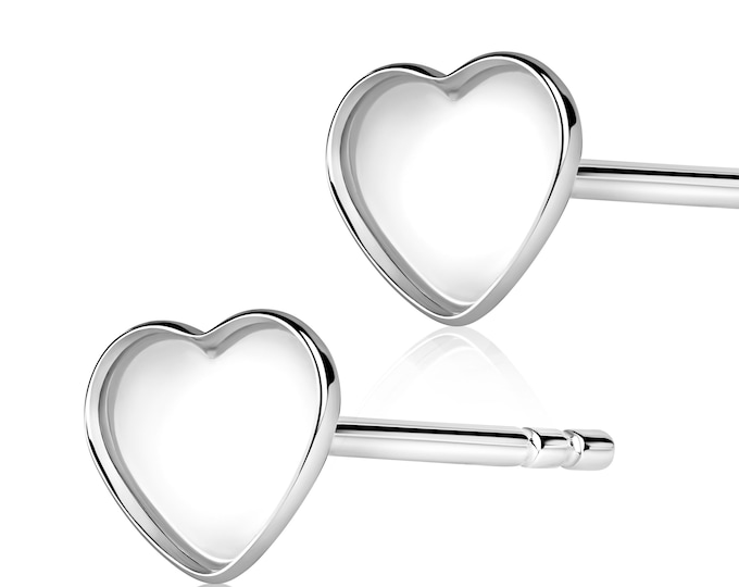 Silver Heart Earring Blanks, 1 Pair Bezel Cup Studs for Keepsake Jewelry, DIY Cabochon Earring Settings, Handmade Jewelry Supplies