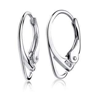Genuine sterling silver leverback ear wires featuring a secure locking mechanism for everyday wear. Professional jewelry making components suitable for pearls, gemstones, and custom earrings.