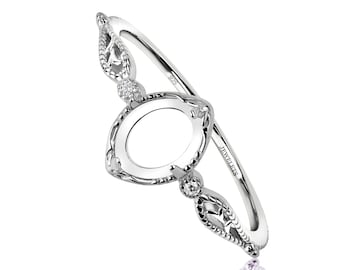 Silver 6x8 mm Ring Blank Bezel Setting Cabochon Gemstone Two Cubic Zirconia on the Side Ring Base, Rhodium Plated Silver Semi Mount Rings,