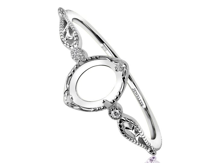 Silver 6x8 mm Ring Blank Bezel Setting Cabochon Gemstone Two Cubic Zirconia on the Side Ring Base, Rhodium Plated Silver Semi Mount Rings,