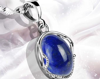 Lapis Lazuli Silver Pendant – Rhodium Plated – Gentle Wire Wrapped Gemstone – Vintage Style Jewelry – Boho Lapis Necklace Charm