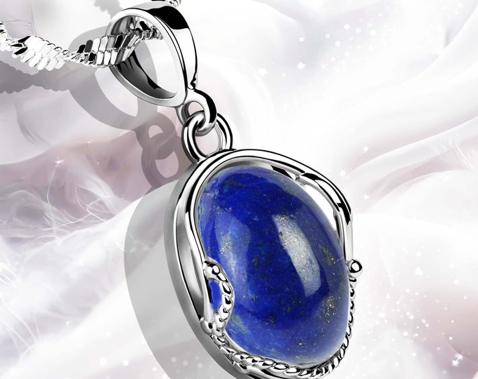 Lapis Lazuli Silver Pendant – Rhodium Plated – Gentle Wire Wrapped Gemstone – Vintage Style Jewelry – Boho Lapis Necklace Charm
