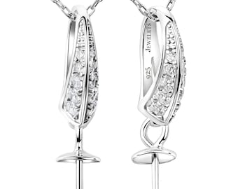 925 Sterling Silver Pearl Pendant Blank with Peg – Rhodium Plated Pendant Base for Half-Drilled Pearls and Beads – 20 CZ Stones