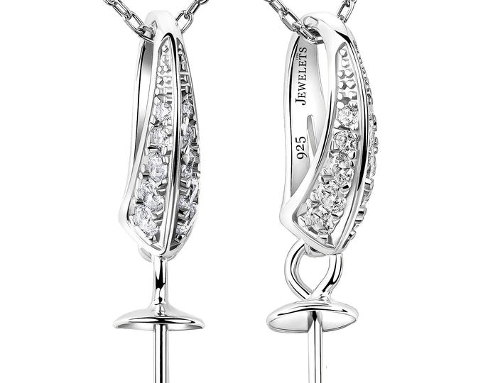 925 Sterling Silver Pearl Pendant Blank with Peg – Rhodium Plated Pendant Base for Half-Drilled Pearls and Beads – 20 CZ Stones