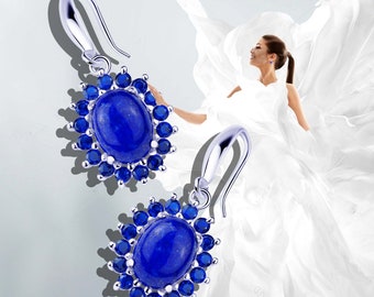 Lapis Lazuli Earrings Oval Gemstone Silver Fine Jewelry Halo Cubic Zirconia