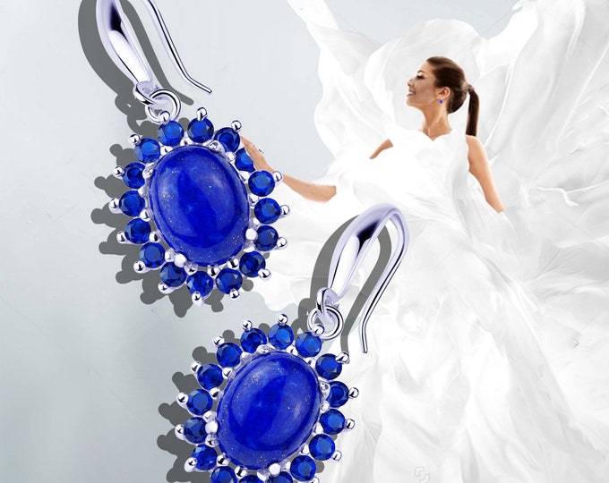 Lapis Lazuli Earrings Oval Gemstone Silver Fine Jewelry Halo Cubic Zirconia