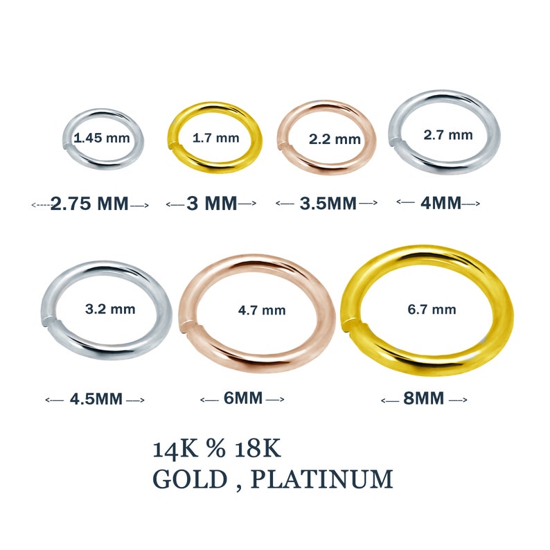 Macro image of open gold jump rings, clearly showing clean cuts and high-polish finish – essential jewelry hardware for attaching clasps and charms. Jewelry making supplies featuring solid gold and platinum jump rings – strong, elegant, and ideal for use in fine jewelry design and restoration projects. Artisan workspace photo with 14K gold jump rings placed next to tools and chain links – demonstrating their practical use in custom jewelry creation.