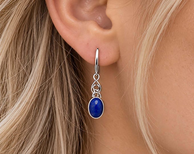Natural Lapis Lazuli Dangle Earrings – Rhodium Plated 925 Sterling Silver Celtic Knot Design – Blue Gemstone Earrings for Women