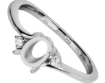 925 Silver Ring Blank with 5x7 mm Oval Prong –2 Cubic Zirconia Side Stones, Rhodium Plated DIY Base – Mount for Gemstone Cabochon Setting