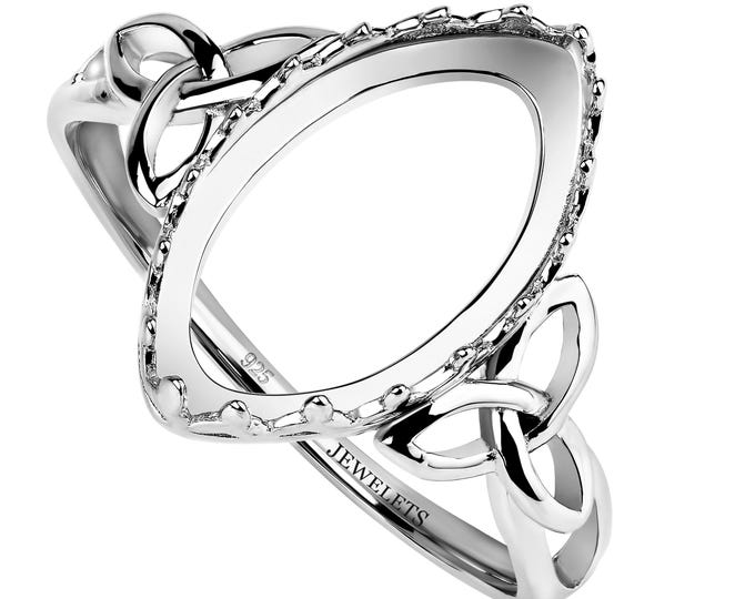 Sterling Silver Ring Blank – 8x16mm Marquise Bezel Setting, Celtic Knot Design, Rhodium Plated, DIY Cabochon Ring Base