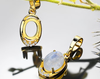 Silver Pendant Blank 7x9 mm Prong Setting Cabochon 7 Cubic Zirconia DIY Jewelry Gold Plated