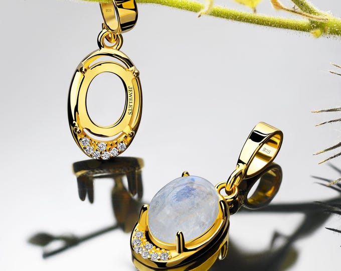 Silver Pendant Blank 7x9 mm Prong Setting Cabochon 7 Cubic Zirconia DIY Jewelry Gold Plated